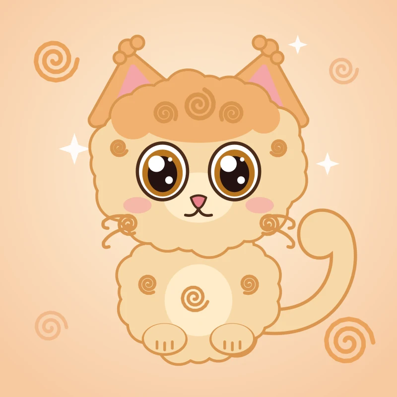 Porträt von CurlyCat, einem Kätzchen mit gelocktem cremefarbenem Fell und riesigen runden Augen (KI-generiertes Bild)