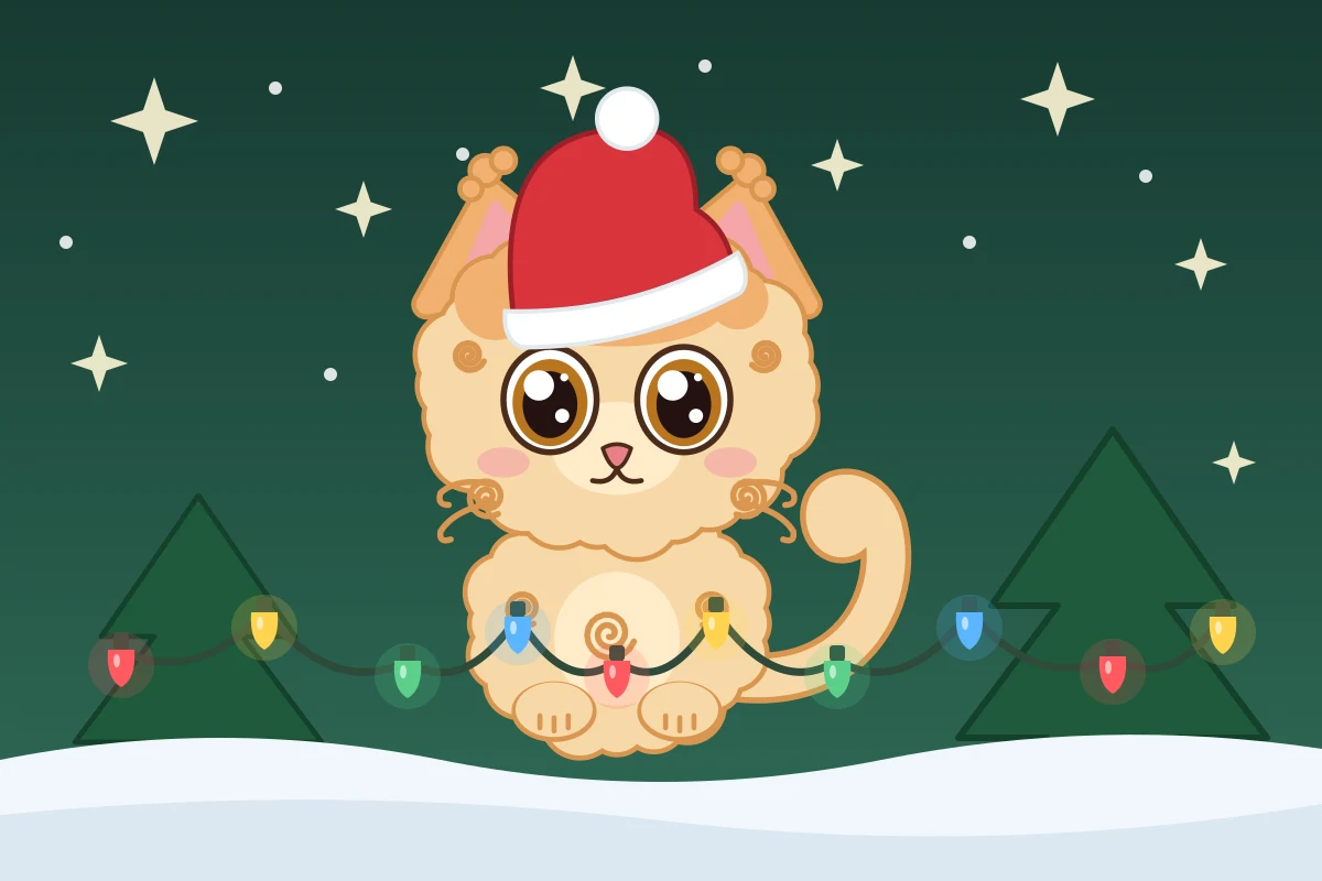 CurlyCat, ein gelocktes Kätzchen mit Weihnachtsmütze, sitzt verheddert in einer bunten Lichterkette (KI-generiertes Bild)